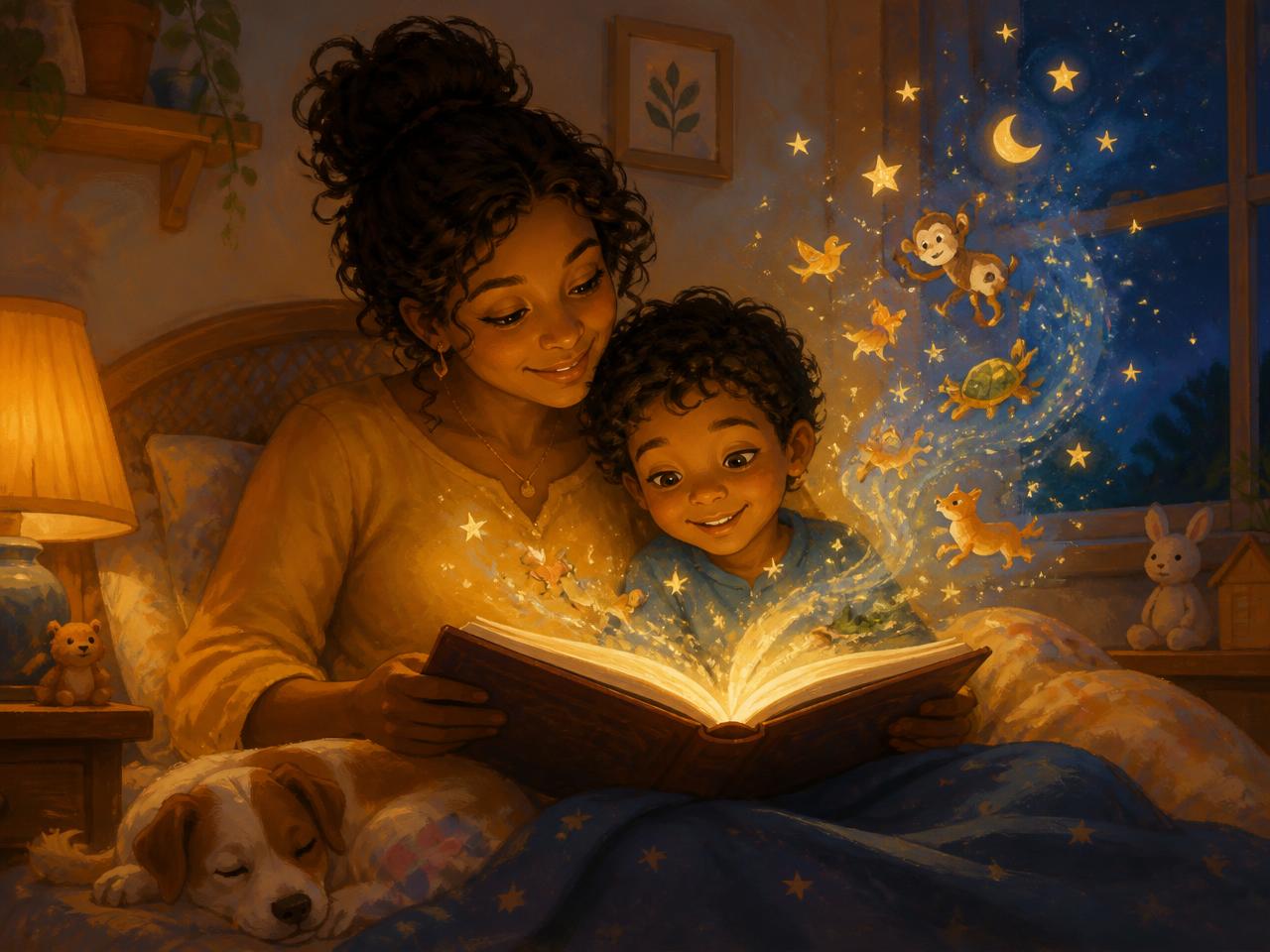 Mãe e criança lendo juntas um livro mágico que solta estrelas e bichinhos